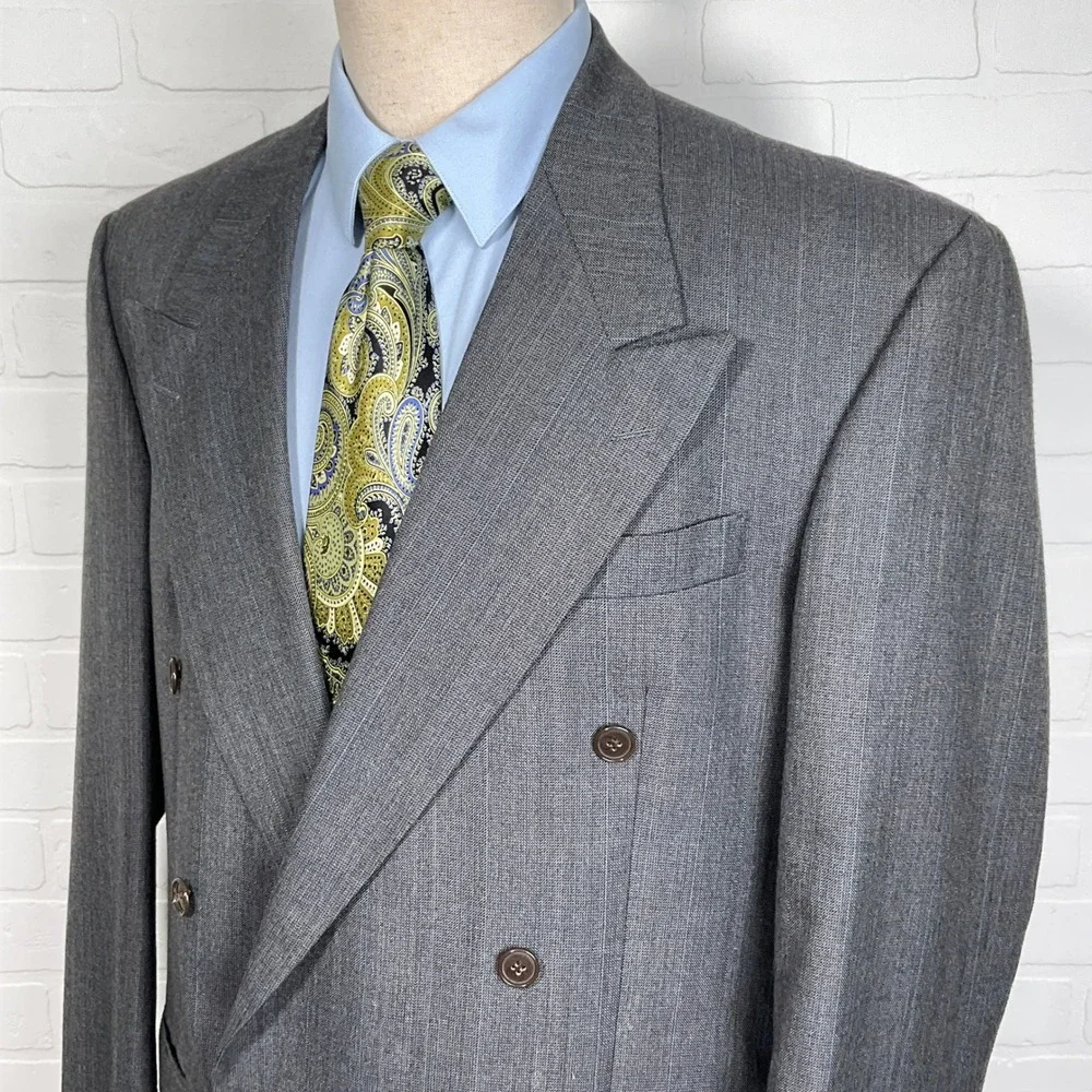 Botany 500 Suit Men 44L 35W 30L Athletic Fit Gray Multi Stripe Double‎ Breasted